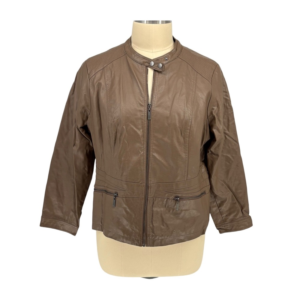 Apt. 9 Faux Leather Moto Jacket Brown Zip Up Band Collar XL